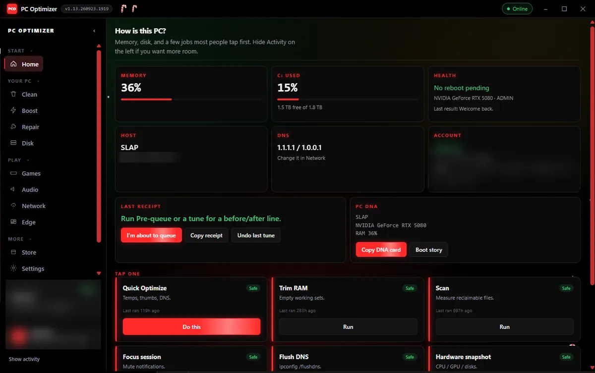 PCOptimizer Home screen: memory, disk and health cards, last receipt, PC DNA and one-tap actions